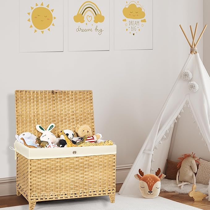 Honjourai Wicker Storage Basket with Lid,Rattan Shelf Basket with Removable Liner Bag,160L Storage Bin,Storage Trunk with Heightened Feet,Storage Container for Wardrobe,Home Organizer