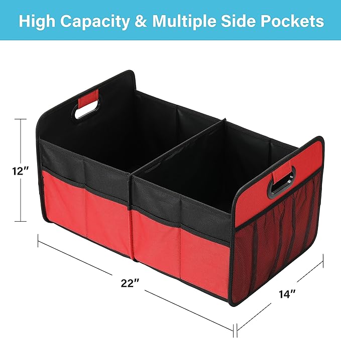 Simple Deluxe Car Trunk Organizer, 2 Compartments Collapsible Trunk Storage, Anti-slip Design, Made of Waterproof 600D Oxford Polyester, Suitable for SUV, Minivan, Truck, Standard Size, Red