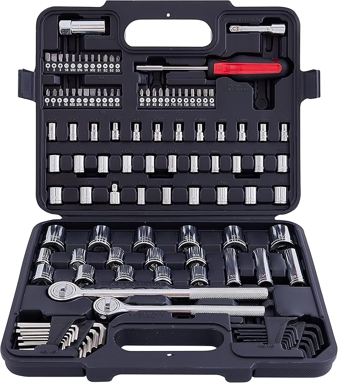 MECHMAX 120-Piece Socket Wrench Set with 1/2" & 3/8" Drive Ratchets. Mechanics Tool Kit includes SAE & Metric Sockets, Deep Sockets, Spark Plug Socket, Bits & Hex Keys for Auto Repair, Garage & Gift
