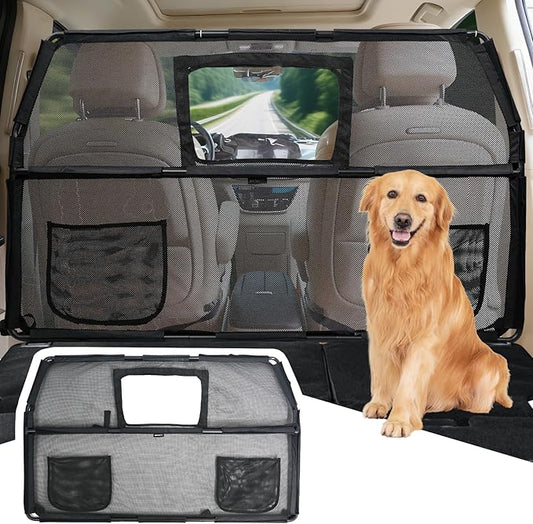52" Dog Car Barrier for SUV, Wide Escape-Proof & Chew-Proof Dog Car Divider with Removable Visual Window & 2 Storage Pockets, Pet Net Gate for Behind Front Seats, Fits Sedans Cars Trucks