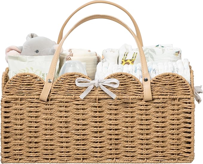 HBlife Large Baby Diaper Caddy, Paper Rope Scalloped Storage Baskets Nursery Bin with Removable Divider, Portable Car Organizer for Diapers, Baby Shower Gifts, Newborn Essentials Must Haves, Brown