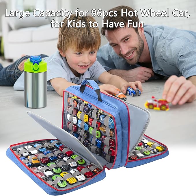 KISLANE 96 Toy Cars Storage Case Compatible with Matchbox Cars, Matchbox Cars Organizer Storage for Mini Toys, Toy Cars, Matchbox Cars, Small Dolls(Bag Only) (Blue)