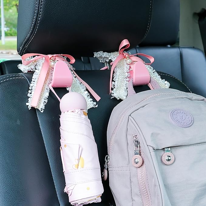 Amooca Car Seat Headrest Hook Cute Bowknot Vehicle Hanger Car Storage Organizer for Handbag Purse Coat Grocery Bag Pink White