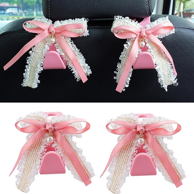 Amooca Car Seat Headrest Hook Cute Bowknot Vehicle Hanger Car Storage Organizer for Handbag Purse Coat Grocery Bag Pink White