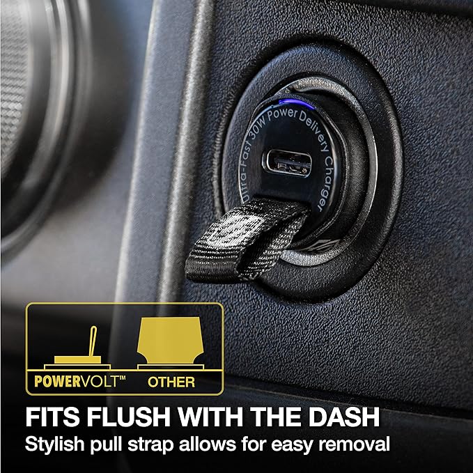 Scosche CPDC30 PowerVolt 30-Watt USB Type-C Fast Mini Flush Fitting Car Charger with Fabric Pull Tag & Power Delivery 3.0 with PPS for All USB-C Devices