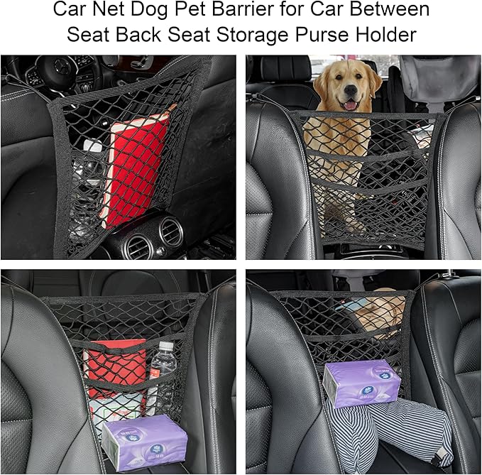 3 Layer Car Mesh Organizer Between Front Seats, Pet Dog Kid Net Barrier Car Net Pocket Elastic Storage Bag Tissue Purse Holder for SUV Truck Van, 15.7 x 13.7 Inch