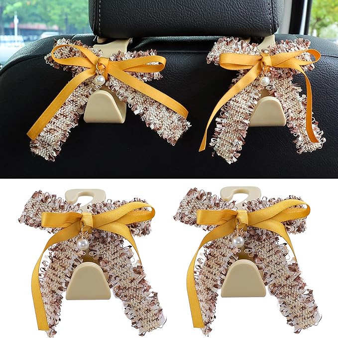 Amooca Car Seat Headrest Hook Cute Bowknot Vehicle Hanger Car Storage Organizer for Handbag Purse Coat Grocery Bag Beige Yellow