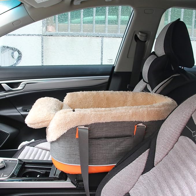 Pet Car Center Console Elevated Armrest Car Seat for Small Puppy, Dogs & Cats (Up to 10 lbs) – Dark Gray Washable Plush Carrier with Safety Leash, Fits Front Vehicle Console Space (Dark Grey)