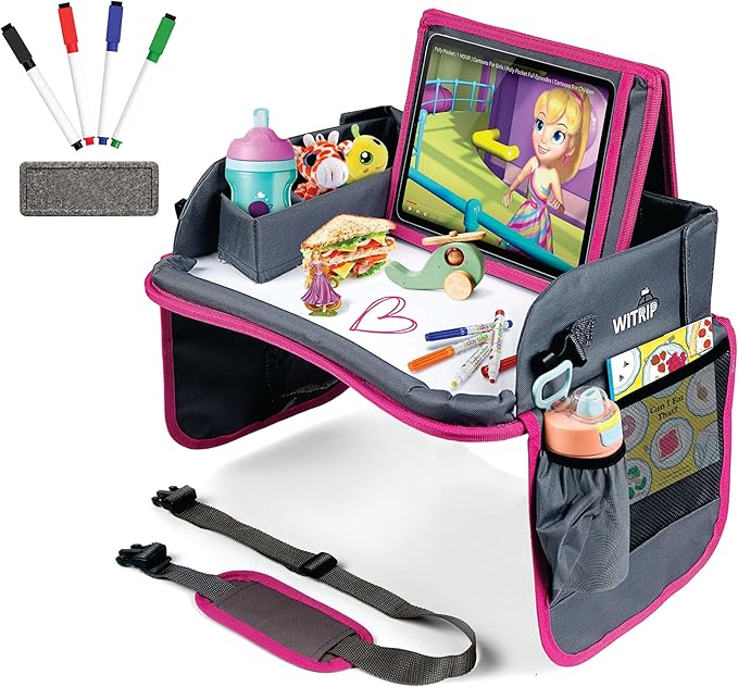 Kids Travel Tray with Dry Erase Board - Car Seat Tray for Kids Travel, Carseat Table Top for Toddler, Lap Desk for Car Seat, Activity Organizer & Snack Holder, Road Trip Essentials for Kid (Pink)