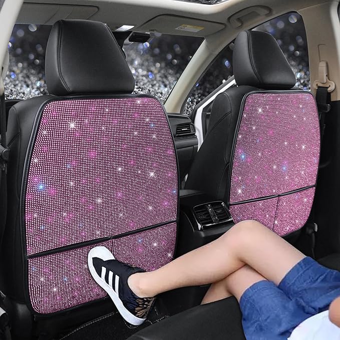 Bling Kick Mats for Car Seats with Pockets – Crystal Diamond Protectors for Girls & Women, Easy-to-Install Backseat Kick Mats with Storage & Sparkling Rhinestones Pink 2pcs