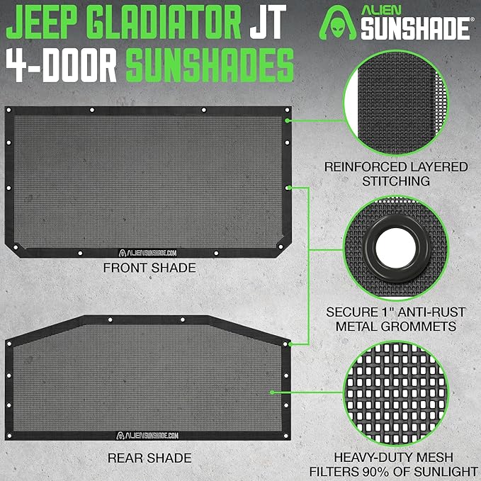 Alien Sunshade Jeep Gladiator Sun Shade Black (2018-2023) Jeep Gladiator Accessories, Front & Rear Mesh Sunshade, 4 Door Top, Reduces Wind & Noise Universal Fit