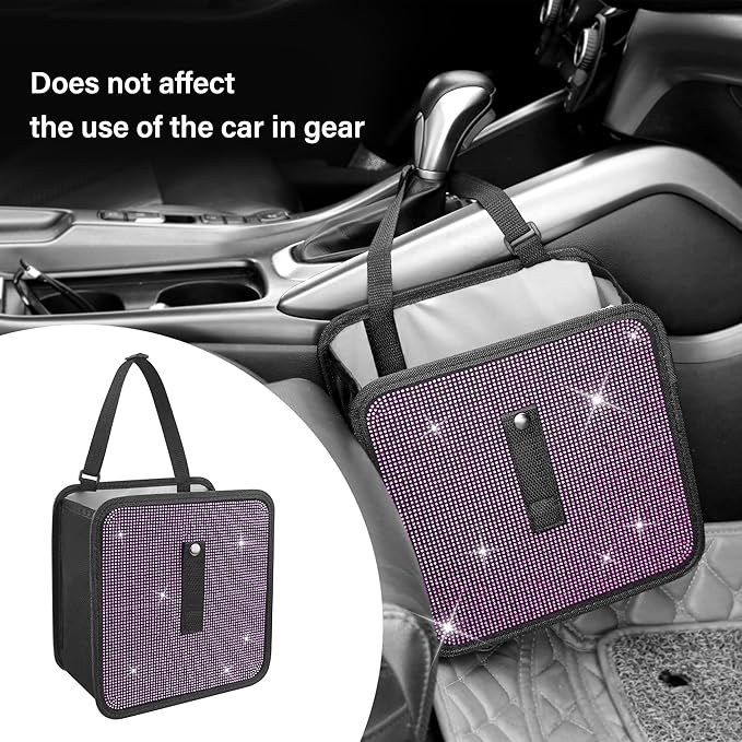 Foldable Car Trash Cans with Rhinestone,Bling Car Trash Bin for Seat Organizer & Decorations,Universal Bling Auto Accessories Vehicle Trash Can for Most Vehicles,SUVs,Trucks (Pink)