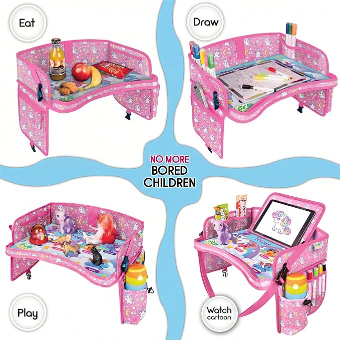 Kids Travel Tray - Waterproof Lap Table with No-Drop Large Tablet Holder - Car Seat Tray - Road Trip Essentials Kids - Car Desk Organizer for Airplane - Toddler Travel Essentials (UNICORN)