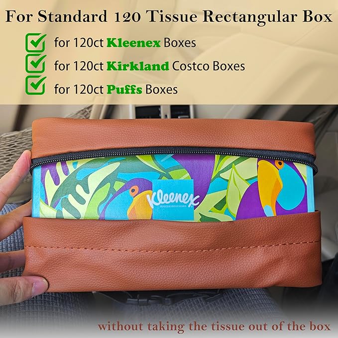 Car Tissue Holder for 120 Standard Tissue,Leather PU Tissues Box Cover for Car Backseat,Extra Large Rectangle Napkin Holder Soft Rectangular,Fits for Kleenex tissues,for Storage& Organization (Brown)