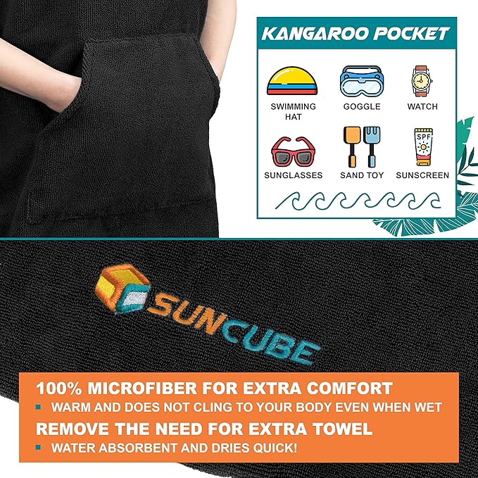 SUN CUBE Kids Changing Robe Surf Poncho, Kids Beach Towels for Teens, Microfiber Hooded Wearable Swim Towel Boys Girls Teenagers