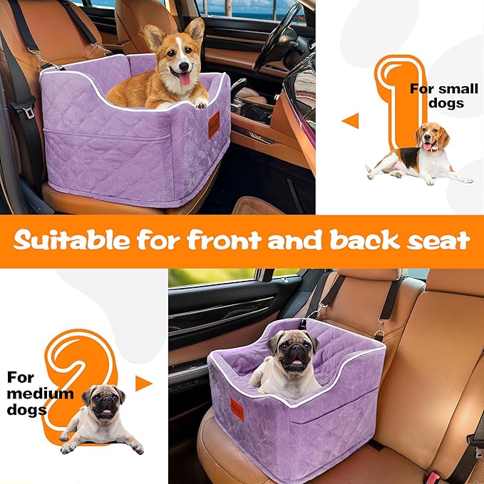 Dog Car Seat for Small Medium Dogs, Detachable Washable Dogs Booster Seat Under 35lbs, Elevated Dog Car Bed with Storage Pockets (Purple, One Size)