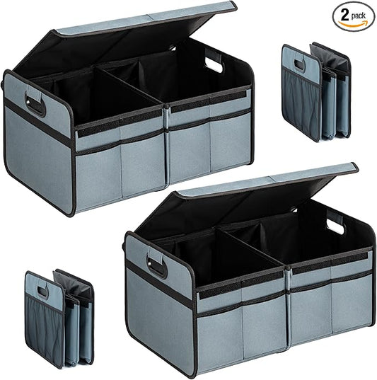 Simple Deluxe Car Trunk Organizer with Lid, Collapsible 2 Compartment 50L Automotive Storage Box with 5 Pocket, 600D Waterproof Oxford Polyester, Non Slip Bottom, Grey-Green, 2 Pack