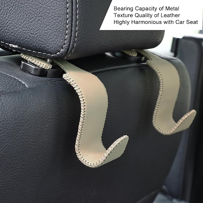 Amooca Car Seat Headrest Hook Universal Vehicle Storage Hanger Leather with Metal Car Seat Back Organizer for Handbag Purse Coat Beige 2 Pack