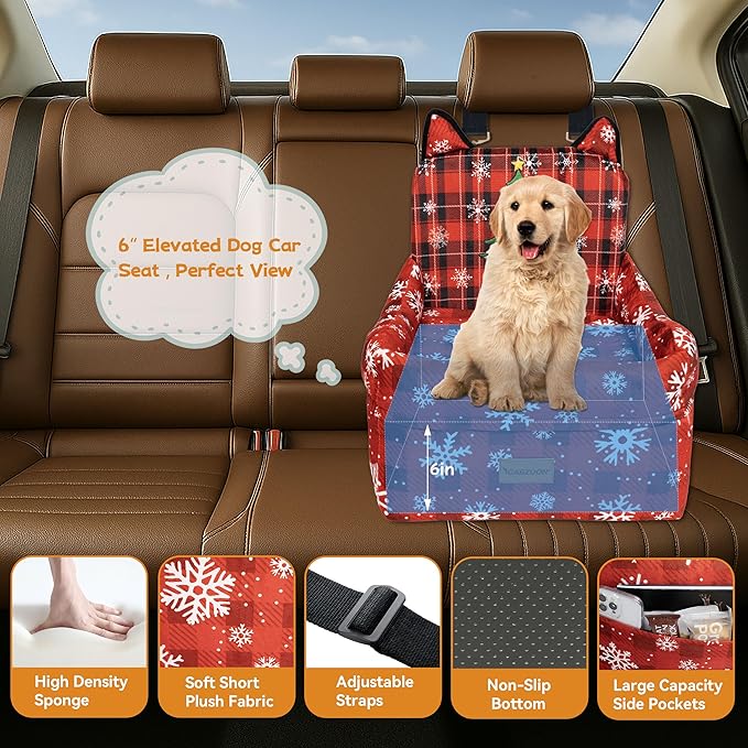 Christmas Dog Car Seat for Small/Medium Dogs Up to 35lbs,Elevated Cushion Fits in Front/Back Seat,Travel Safety Per Car Bed with Washable Removable Cover, Storage 2 Pockets Christmas Tree
