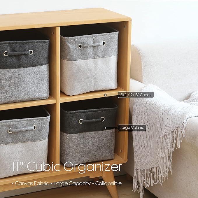 Sea Team 3-Pack Cubic Storage Basket Set, Storage Cube Organizer, Clothes Toys Bin, 11 x 11 x 11 Inches, Big Square Canvas Fabric Collapsible Shelf Box with Handles for Kids Room (Grey/Black)