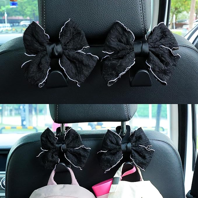 Amooca Car Seat Headrest Hook Cute Bowknot Vehicle Hanger Car Storage Organizer for Handbag Purse Coat Grocery Bag Puff Black