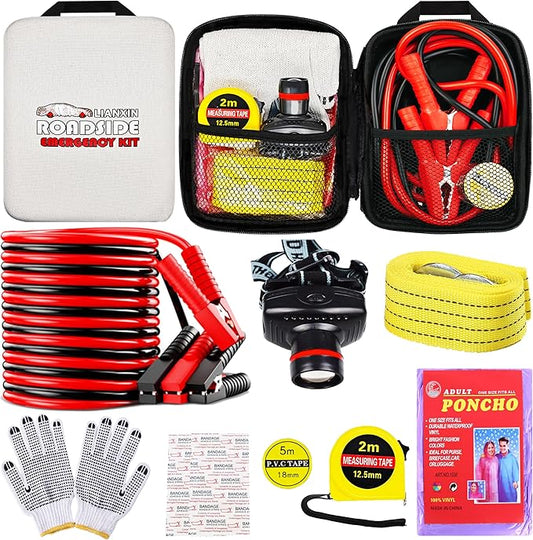 LIANXIN Car Emergency Roadside Tool Kit, Auto Emergency Kits Vehicles, with Jumper Cables kit，Car Safety Roadside Assistance Kit,Headlamp,Tow Straps,Tape Measure,Rainwear,Gloves.Gloves.Pale