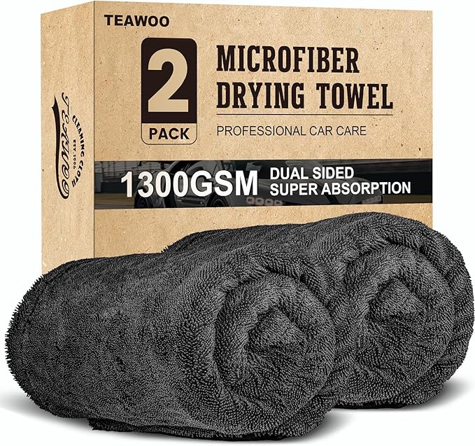 TEAWOO 2 Pack Double-Sided Car Care Extra-Large, Ultra-Absorbant Microfiber Drying Towel for Cars and Trucks, Super Absorbent Car Drying Towel, 1300GSM, 35" x 24"