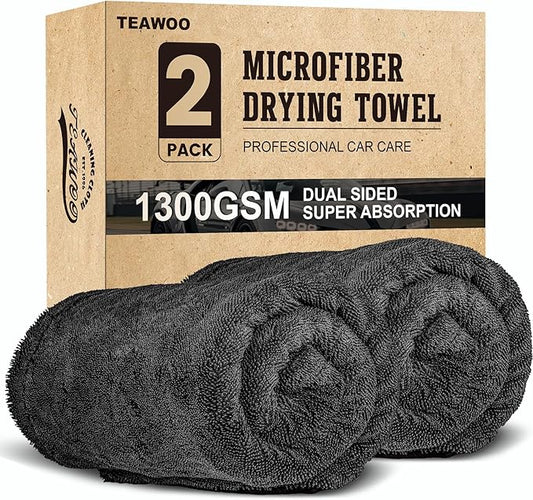 TEAWOO 2 Pack Double-Sided Car Care Extra-Large, Ultra-Absorbant Microfiber Drying Towel for Cars and Trucks, Super Absorbent Car Drying Towel, 1300GSM, 35" x 24"