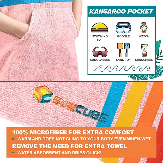 SUN CUBE Kids Changing Robe Surf Poncho, Kids Beach Towels for Teens, Microfiber Hooded Wearable Swim Towel Boys Girls Teenagers