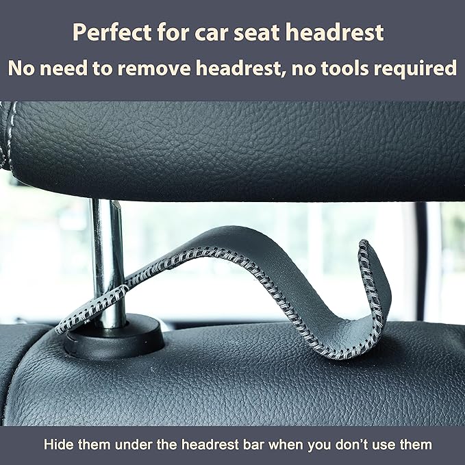 Amooca Car Seat Headrest Hook Universal Vehicle Storage Hanger Leather with Metal Car Seat Back Organizer for Handbag Purse Coat Grey 4 Pack