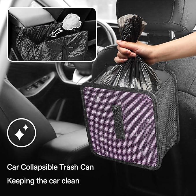 Foldable Car Trash Cans with Rhinestone,Bling Car Trash Bin for Seat Organizer & Decorations,Universal Bling Auto Accessories Vehicle Trash Can for Most Vehicles,SUVs,Trucks (Pink)