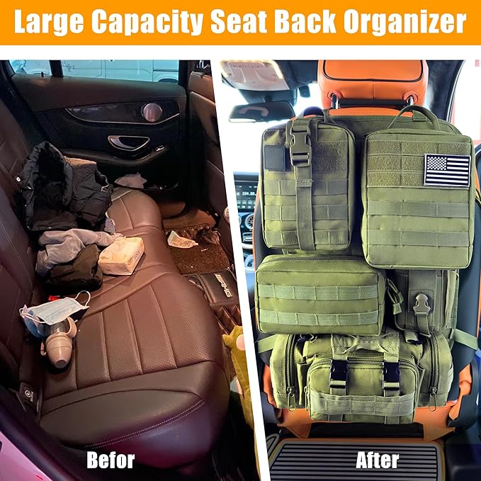 6 Pack Tactical MOLLE Car Seat Back Organizer - Universal Vehicle Storage Bag with 5 Detachable MOLLE Pouches, US Flag Patch & Keychain, Fits Jeep, Truck, SUV, Car, (Grenn)