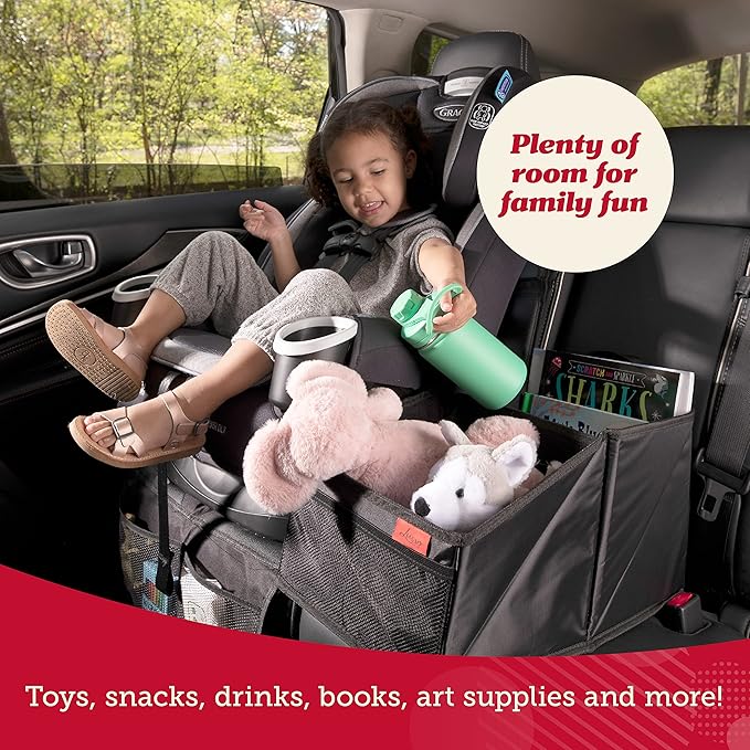 Lusso Gear 9-Compartment Car Seat Organizer with Cup Holders - For Front, Back, Passenger Seats, Truck and Van (Black w Red Stitch)