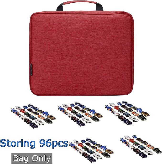 KISLANE 96 Toy Cars Storage Case Compatible with Matchbox Cars, Matchbox Cars Organizer Storage for Mini Toys, Toy Cars, Matchbox Cars, Small Dolls(Bag Only) (Red)