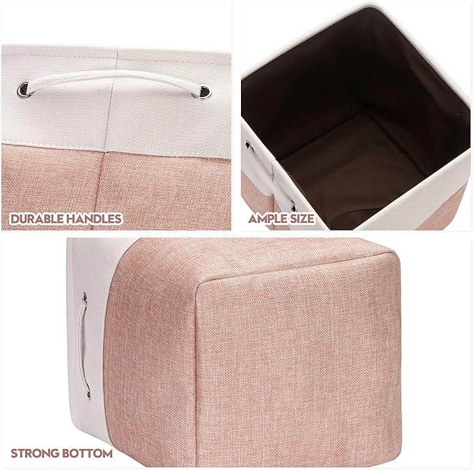 Sea Team 3-Pack Cubic Storage Basket Set, Storage Cube Organizer, Clothes Toys Bin, 11 x 11 x 11 Inches, Big Square Canvas Fabric Collapsible Shelf Box with Handles for Kids Room (Pale Blush/White)