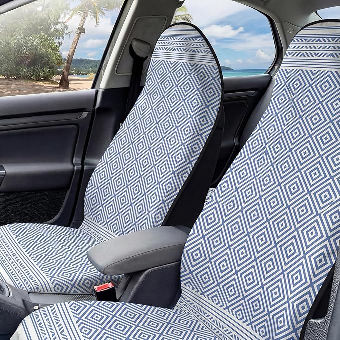 2 Pack Car Seat Towel Covers, Sweat Protector for Front Seats, Premium Thickened Microfiber with Boho Geometric, Breathable & Quick Dry, Slip-on Headrest Pocket for Gym, Beach, Running (Royal Blue)