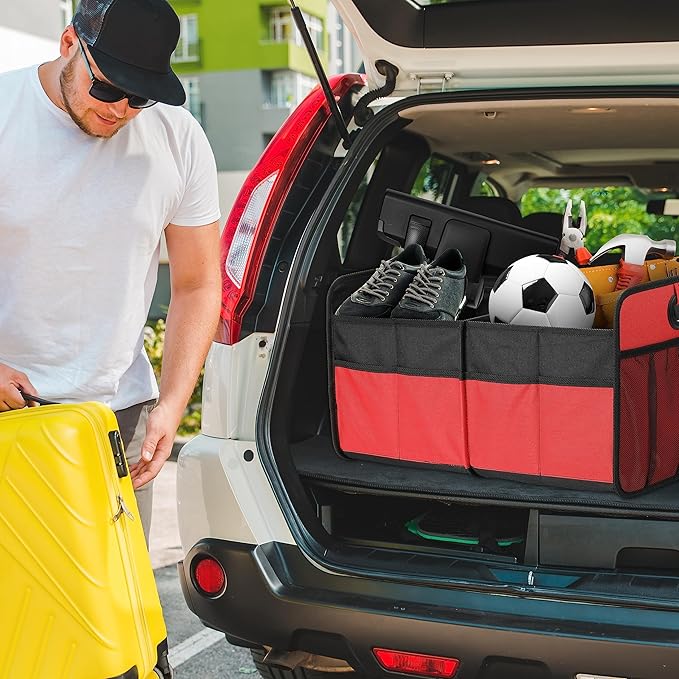 Simple Deluxe Car Trunk Organizer, 2 Compartments Collapsible Trunk Storage, Anti-slip Design, Made of Waterproof 600D Oxford Polyester, Suitable for SUV, Minivan, Truck, Standard Size, Red