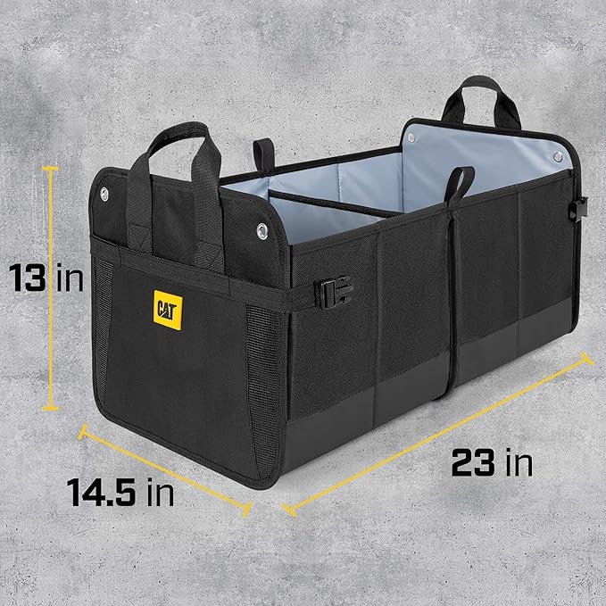 CAT® Car Trunk & Seat Organizer Bundle – Heavy Duty Collapsible Dual-Compartment Trunk Storage + Portable Seat Organizer Caddy, Adjustable Straps, Compact Travel Storage for Cars, Truck & SUV – Black