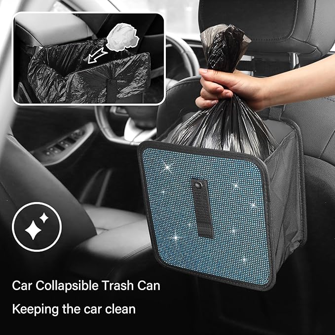 Foldable Trash Cans with Rhinestone, Bling Car Bin for Seat Organizer & Decorations, Universal Bling Accessories for Most Cars, SUVs, Trucks (Blue)
