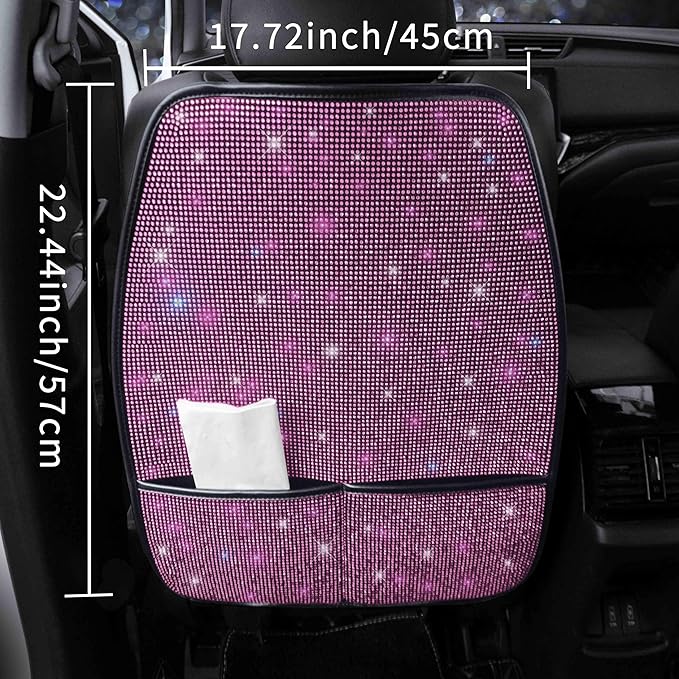 Bling Kick Mats for Car Seats with Pockets – Crystal Diamond Protectors for Girls & Women, Easy-to-Install Backseat Kick Mats with Storage & Sparkling Rhinestones Pink 2pcs