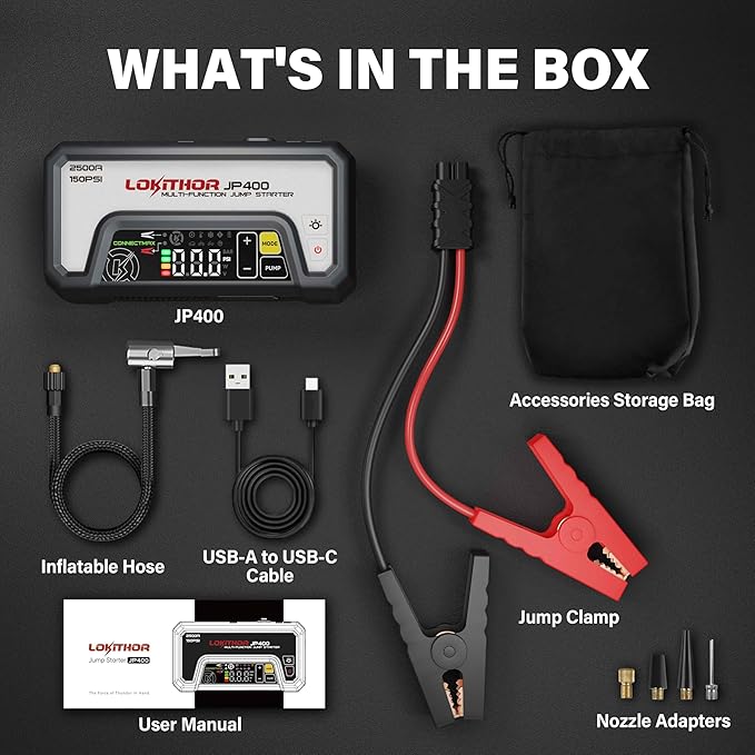 LOKITHOR JP400 Jump Starter with Air Compressor, 2500A 12V Portable Car Battery Booster Pack (8.5L Gas/6.5L Diesel) with ConnectMax Tech, 150PSI Tire Inflator, Auto-Shutoff & Dynamic Dwell (White)