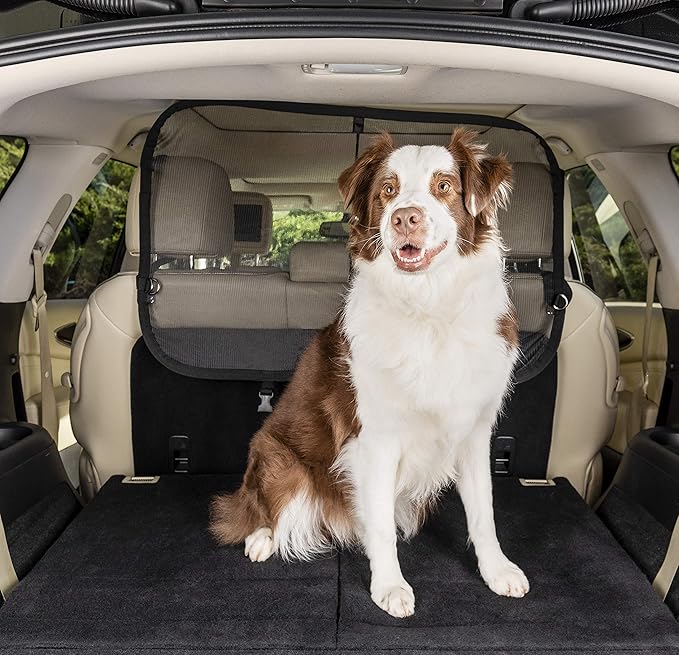 PetSafe Happy Ride Cargo Area Dog Barrier - See-Through Durable Mesh Material - Fits Most Cars, Minivans and SUVs - Keep Pets in The Back - Easy to Store in Vehicles