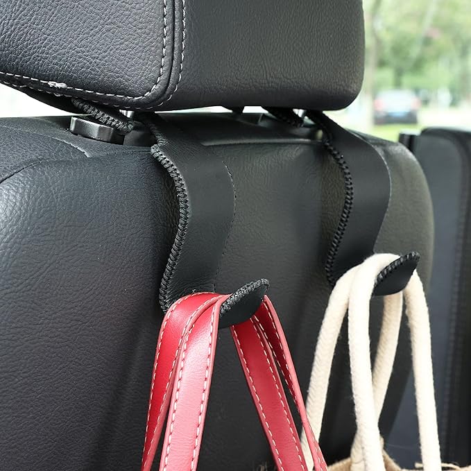 Amooca Car Seat Headrest Hook Universal Vehicle Storage Hanger Leather with Metal Car Seat Back Organizer for Handbag Purse Coat Black 4 Pack