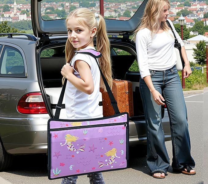 Kids Travel Tray for Car Airplane - Toddler Car Seat Table Tray, Road Trip Essentials for Boys & Girls, Carseat Lap Desk for Kids Road Trip Activities (Purple Mermaid)