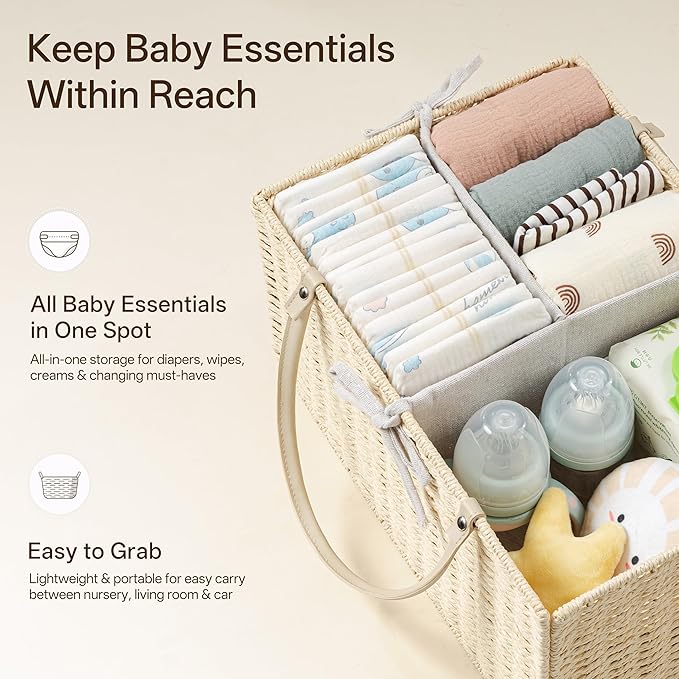Angelhood Paper Rope Diaper Caddy, Baby Essentials Organizer, Portable Baby Shower Baskets Gift Bin, Car Storage Bag for Nursery