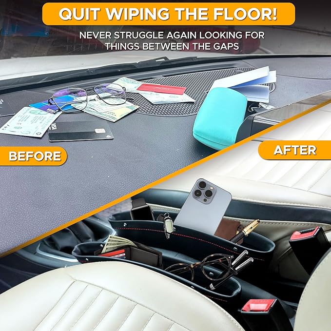 EcoNour 2 in 1 Car Seat Gap Organizer | Front Car Seat Crevice Storage Box | Car Seat Gap Filler Helps to Reduce Distracted Driving & Holds Phones, Glasses, Keys (Red) | Adjustable Storage Pockets