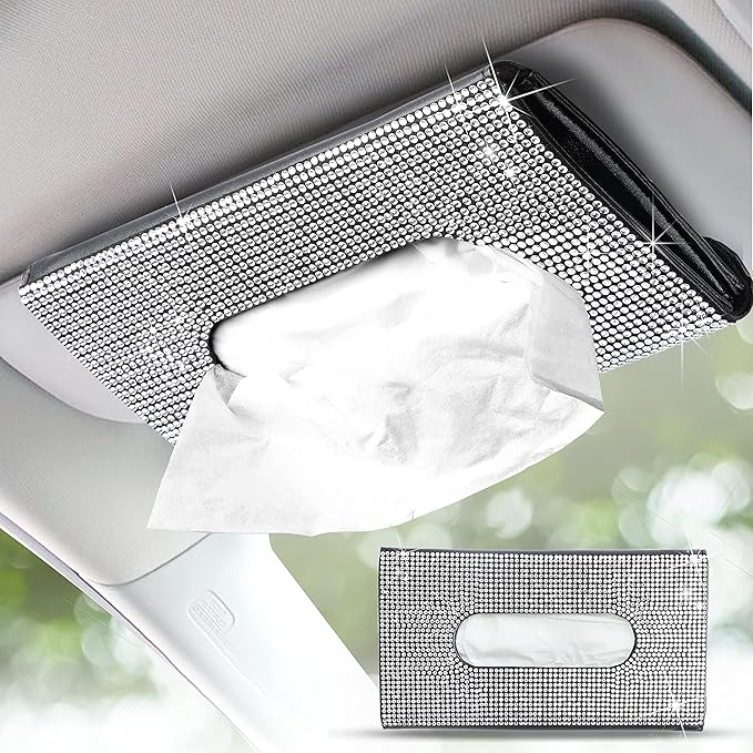EcoNour Bling Car Crystal Glitter Paper Towel Holder | PU Leather Case | Mask & Tissue Dispenser| Bling Accessories for Women | Sun Visor Organizer with Tissue Holder