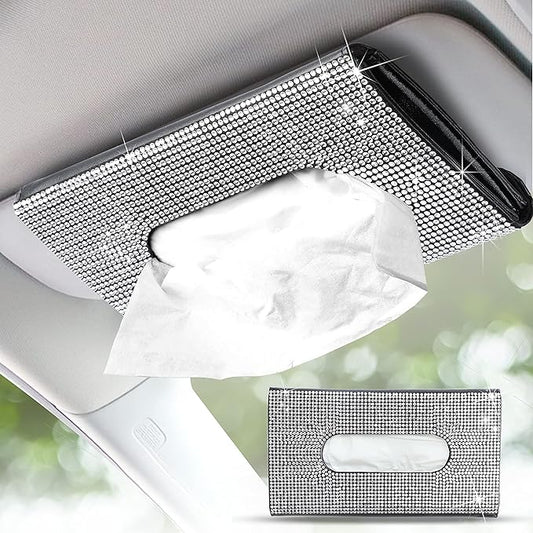 EcoNour Bling Car Crystal Glitter Paper Towel Holder | PU Leather Case | Mask & Tissue Dispenser| Bling Accessories for Women | Sun Visor Organizer with Tissue Holder
