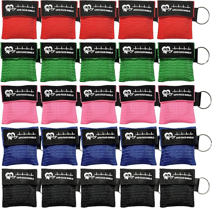 25 Packs CPR Face Shield with Keyring, CPR Pocket Mask Keychain for Emergency Kit with One Way Valve Breathing Barrier for First Aid or ADE Training