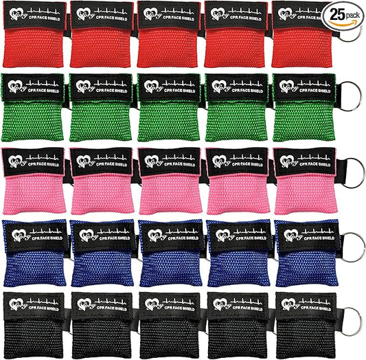 25 Packs CPR Face Shield with Keyring, CPR Pocket Mask Keychain for Emergency Kit with One Way Valve Breathing Barrier for First Aid or ADE Training